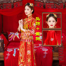 Xiu Pakaian Gaun Cina Mempelai Wanita Gaun Naga atau Phoenix Baju Pelayanan Ramping (Rumbai Emas Phoenix + Bunga Biru asesoris Kepala + Rumbai Jilbab)