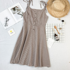 Kecil Bening Kain Linen Kotak-kotak Rok Pantai Rok Gaun (Coklat Muda Warna) baju wanita dress wanita Gaun wanita