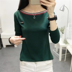 Chic Baju Dalaman Korea Fashion Style Warna Solid Kerah Datar Pada (Hijau)