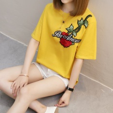 Xianyuansu Kaos Wanita Model Longgar Bordir Lengan Pendek 3 Warna (828 (kuning))