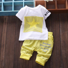 2 Buah Bayi Pakaian Katun Set T-shirt-nya Top + Celana Kotak-kotak Kuning YBC- Internasional