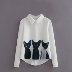 YBC Fashion Panas Wanita Blus 3 Kucing Pencampuran Blus Lengan Panjang Kerah Berlipat Kebawah Tops Shirt-Intl