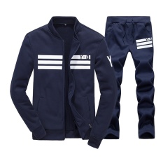 Yilee Pria Outdoor Olahraga Baju Bisbol Jaket Kasual & Celana Olahraga Setelan (biru Tua)-Intl