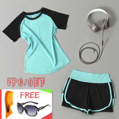 Yoga Pakaian Set Olahraga Kaus + Celana Pendek untuk Wanita Kacamata Hitam Gratis + Sisir-Internasional