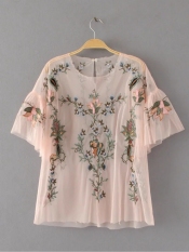 Zat Kemeja Di Eropa Dan Amerika Bordir Musim Semi Kemeja Renda Terlihat Langsing (Merah muda) baju wanita baju atasan kemeja wanita blouse wanita