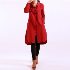 ZANZEA 2016 Musim Semi Musim Gugur Fashion Wanita Kasual Baju Longgar Lengan Panjang Kerah Berdiri Festa Saku Ganda Ehem Membagi Ukuran Better Merah