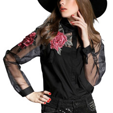 ZANZEA 2016 Blusas Vintage Lengan Baju Panjang Semi Wanita Musim Bordir Bermotif Blus Atasan Wanita ELEGAN Bunga Organza Ukuran Kemeja Hitam Lebih