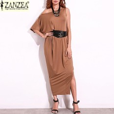 ZANZEA 2017 Fashion Wanita SATU Bahu Darpe Pesta Malam Gaun Panjang Maxi dari Bahu Dibagi Patchwork Baju Kemeja Etnis Tops (Khaki) -Intl