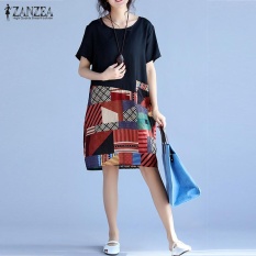 ZANZEA 2017 Musim Panas Busana Wanita Check Kotak-kotak Lengan Pendek Pertengahan Betis Baju Kemeja Vintage Floral Cetak Patchwork Geometric Longgar Oversize Gaun Vestido Robe Black-Intl