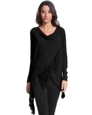 ZANZEA 2017 Wanita Baju Blus Musim Gugur Santai Lengan Panjang Asimetris Vintage Jumbai Cardigan Blusas Ukuran Outwear Tops Black- INTL