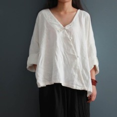 Zanzea 2018 Gaya Cina Wanita V Leher Panjang Lengan Buttons Cotton Blus Linen Spring Solid Keliman Terpisah Kaus Longgar Atas M-5XL Off Putih-Intl