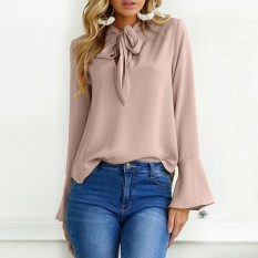 ZANZEA 2018 Oversized Women Solid Long Flare Sleeve Lace Up Bow Tie Loose Chic Pullover Fashion Leisure Baggy Party Brief Blouse Pink