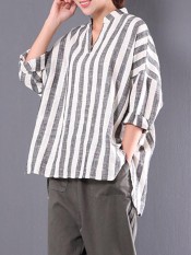 ZANZEA 2018 Spring Plus Size M 5XL Cotton Linen Blouse Women Stand Collar V Neck Loose Irregular Shirts Retro Baggy Striped Tops Stripe