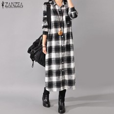 ZANZEA Musim Gugur Retro Plaid Turn-down Collar Lengan Panjang Kancing Down Wanita Kemeja Panjang Baju Katun Linen Vestido PLUS Ukuran Lebih Hitam-Internasional