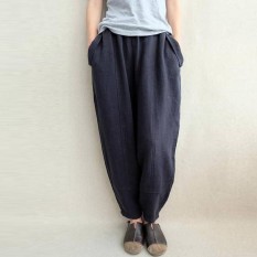 ZANZEA Fashion Panjang Saku Celana Elastis Pinggang Katun Linen Longgar Harem Celana Wanita Spring Stylish Solid Dasar Pantalon NAVY -Intl