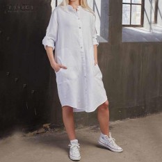 ZANZEA Fashion Pesta Bergaya Liburan Bergaya Asimetris Ladies Long Baju Kemeja dari Putih-Intl
