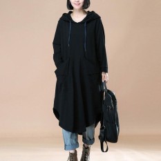 ZANZEA Fashion Wanita Jaket Bomber Ringan Berkerudung Bahan Batwing Lengan Kantong Hem Tidak Teratur Gaun Pullover Hoodie Long Sweatshirt Vestido Plus Ukuran L-5XL Hitam- INTL