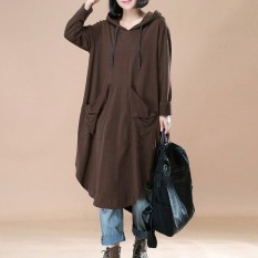 ZANZEA Fashion Wanita Jaket Bomber Ringan Berkerudung Bahan Batwing Lengan Kantong Hem Tidak Teratur Gaun Pullover Hoodie Long Sweatshirt Vestido Plus Ukuran L-5XL Brown- INTL