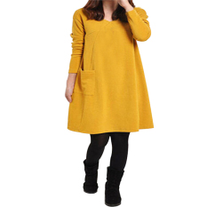 Baju Panjang Lengan Wanita Pocket Leher V Yang Longgar Gaun Mini Hamil Katun Kasual Kuning