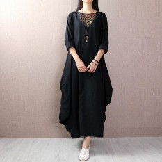 ZANZEA Lady Vestido Antik Lengan Panjang Leher Bulat Floral Printed Patchwork Kaftan Gaya Etnik Longgar Maxi Dress Plus Ukuran Hitam-Intl