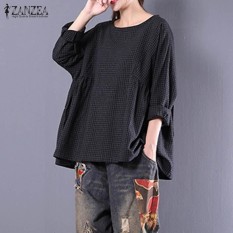 ZANZEA Lengan Panjang CREW NECK Plaid Pullover Shirt Wanita Musim Gugur Cotton Linen Leisure Tartan Hitam Blus Biru Besar Top Black -Intl