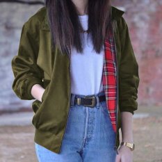 ZANZEA Terlalu Besar Wanita Pakaian Musim Gugur Fashion Vintage Lengan Panjang Kotak-kotak Saku Ritsleting Jaket Bomber Jaket Kasual Ukuran Lebih (Angkatan Darat Hijau) -Intl