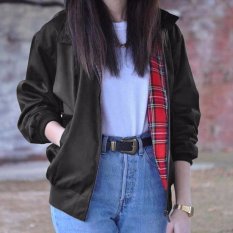 ZANZEA Terlalu Besar Wanita Pakaian Musim Gugur Fashion Vintage Lengan Panjang Kotak-kotak Saku Ritsleting Jaket Bomber Jaket Kasual Ukuran Lebih (HITAM) -Intl