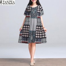 Zanzea Retro Womens Floral Cetak Crewneck Kasual Katun Lengan Pendek Baju Kemeja Longgar Kaftan Vestido Plus Ukuran (Navy) -Intl