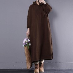 ZANZEA Musim Dingin Wanita Jaket Bomber Ringan Berkerudung Bahan Batwing Lengan Fleece Loose Sweatshirt Dress Kancing Saku Split Solid Long Pullover Kopi Besar-Intl