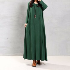 ZANZEA Perempuan Musim Gugur Gaun Retro 2016 Leher Lengan Baju Panjang Wanita O Tombol Maxi Katun Kantong Dekorasi Elegan dan Kokoh Panjang Vestidos