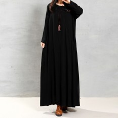 ZANZEA Perempuan Musim Gugur Gaun Retro 2016 Leher Lengan Baju Panjang Wanita O Tombol Maxi Katun Kantong Dekorasi Elegan dan Kokoh Panjang Vestidos