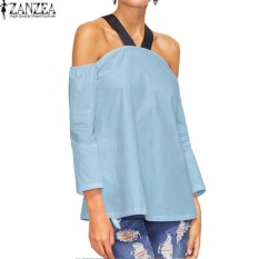 ZANZEA Wanita BoHo Halterneck Kasual Baju Atasan Blus Longgar Musim Panas Wanita 3/4 Lengan dari Bahu Pesta Club Top Blusas S-5XL (biru) -Intl