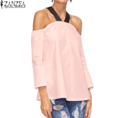 ZANZEA Wanita BoHo Halterneck Kasual Baju Atasan Blus Longgar Musim Panas Wanita 3/4 Lengan dari Bahu Pesta Club Top Blusas S-5XL (Pink) -Intl