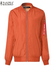 Zanzea Wanita Kasual Longgar Klasik Risleting Panjang Lengan Pendek Jaket Bomber Pengendara Sepeda Quilted Mantel Oranye-Internasional