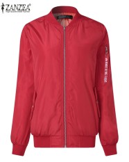 Zanzea Wanita Kasual Longgar Klasik Risleting Panjang Lengan Pendek Jaket Bomber Pengendara Sepeda Quilted Mantel Merah-Internasional