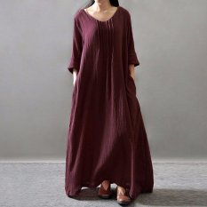 ZANZEA Wanita Gaun Elegan 2016 Wanita Leher V Lengan Panjang Saku Baju Kemeja Kasual Lipit Solid Retro Longgar Panjang Maxi Vestidos-Internasional