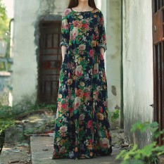 ZANZEA Wanita Lengan Panjang Berwarna Kuning Eye Baju Dolman Vintage Floral Print Gaya Cina Katun Pesta Gaun Panjang Maxi Baggy Kaftan Vestido PLUS Ukuran Lebih Angkatan Laut-Internasional