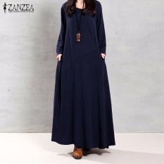 Zanzea Wanita Muslim Musim Gugur Elegan Gaun Retro O Leher Lengan Panjang Saku Linen Maxi Long Gaun (Navy)