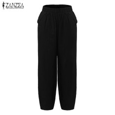 ZANZEA Wanita Plain Puff Long Pants Pocket Wide Leg Baggy Trousers Black-Intl