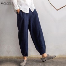 ZANZEA Wanita Plain Puff Long Pants Pocket Wide Leg Baggy Celana Biru-Intl