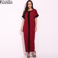 Zanzea Wanita Garis Sambungan Kasual Longgar Vestido Musim Panas Pendek Lengan Partai Club Maxi Panjang Baju Kemeja Kaftan Gamis Plus Ukuran S-5XL (anggur Merah) -Intl