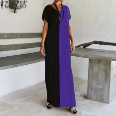 ZANZEA Wanita Leher V Lengan Pendek Pesta Eveing Vintage Maxi Gaun Panjang Wanita Patchwork Penyambungan Kasual Losoe Kaftan (Ungu) -Intl