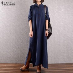Zanzea Wanita Vintage Tombol Keliman Terpisah Cotton Linen STAND COLLAR Baggy Panjang Lengan Retro Vestido Panjang Baju Kemeja L-5XL Navy-Intl
