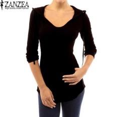 Zanzea Wanita Musim Gugur V Leher Solid Slim Terjun Panjang Lengan Hoodies Sweatshirt Casual Hooded Pullover Atasan Blus S-5XL (HITAM) -Intl