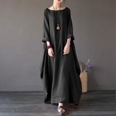 Zanzea Wanita Crewneck 3/4 Batwing Lengan Longgar Kemeja Panjang Besar Gaun Kasual Partai Kaftan Polos Jubah Vestido Plus Ukuran (hitam) -Internasional