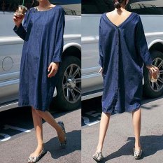 Zanzea Wanita Panjang Lengan Backless Kembali V Denim Terlihat Kasual Baggy Baju Longgar Kaftan Vestido Plus Ukuran S-5XL- INTL