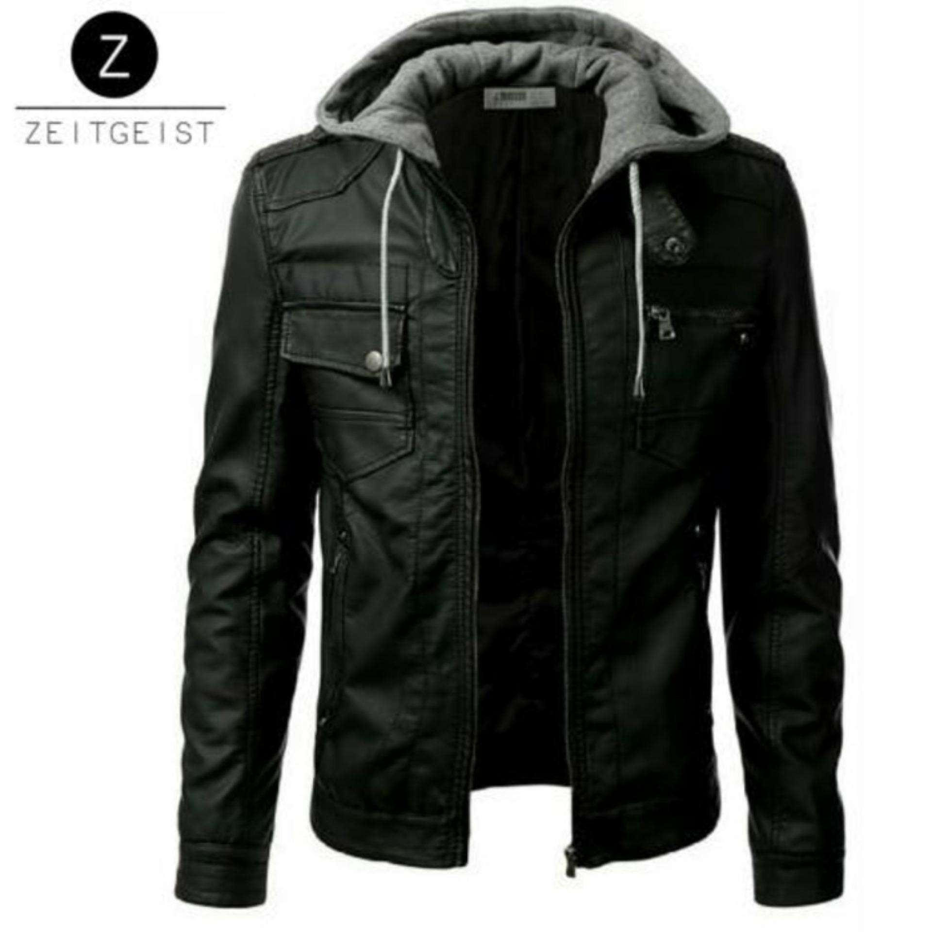 ZEITGEIST BLACK HOODIE STYLE JAKET PRIA KULIT SINTETIS (NW-91)