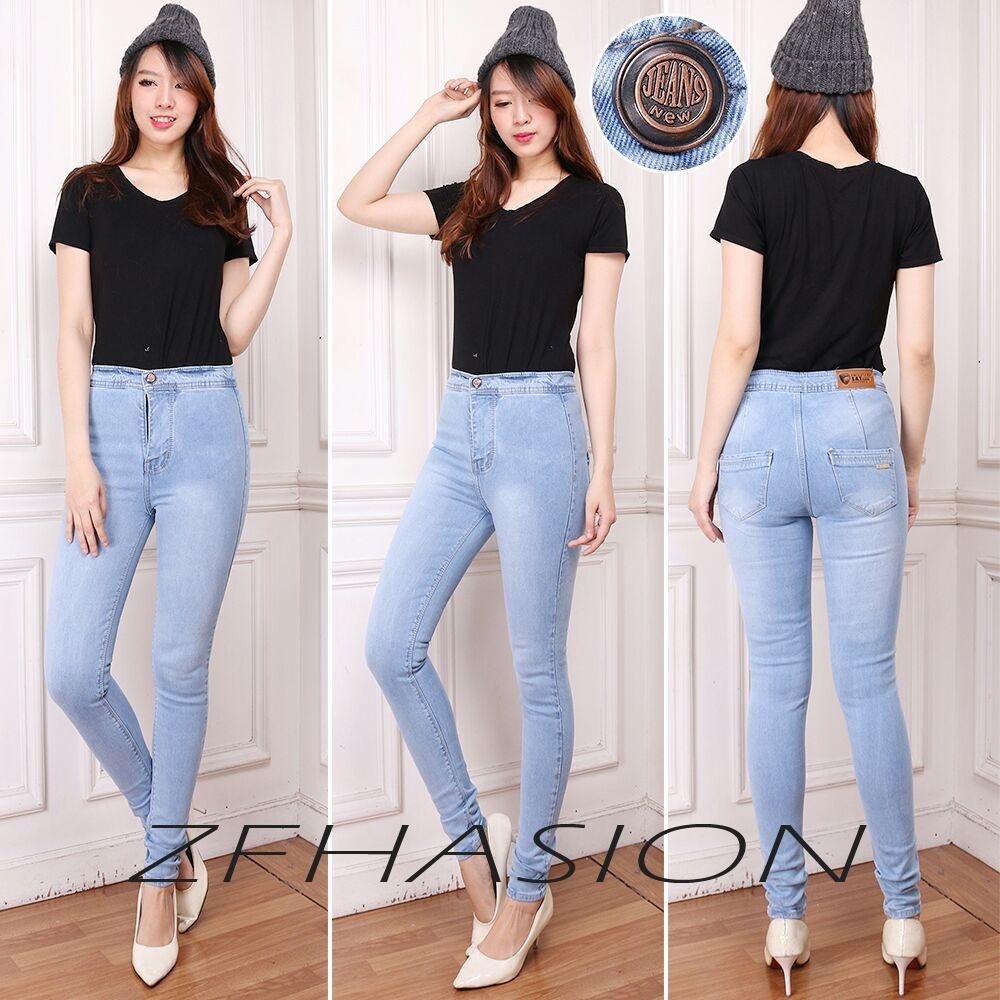 ZFASHION Celana Jeans Wanita Terbaru High Waist Skinny Blue Pensil Warna Biru