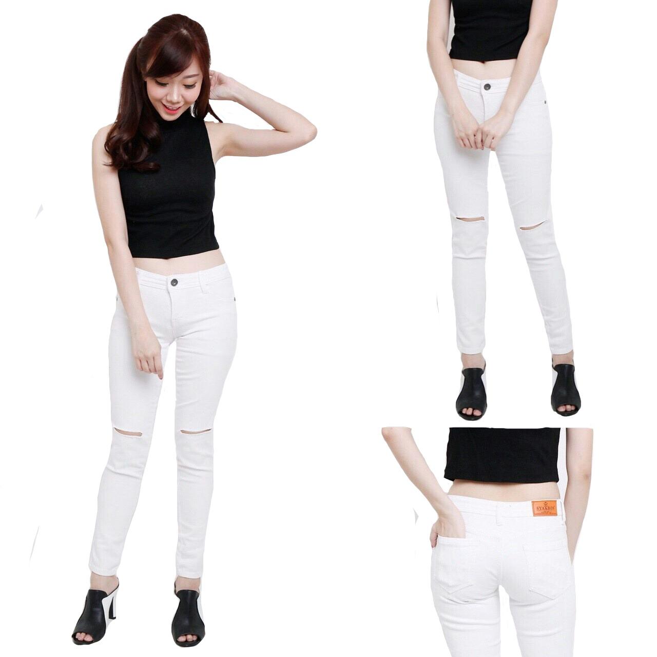ZFASION Celana Jeans Wanita Terbaru Skinny White Sobek Lutut Silet 1 Warna Putih 27-30