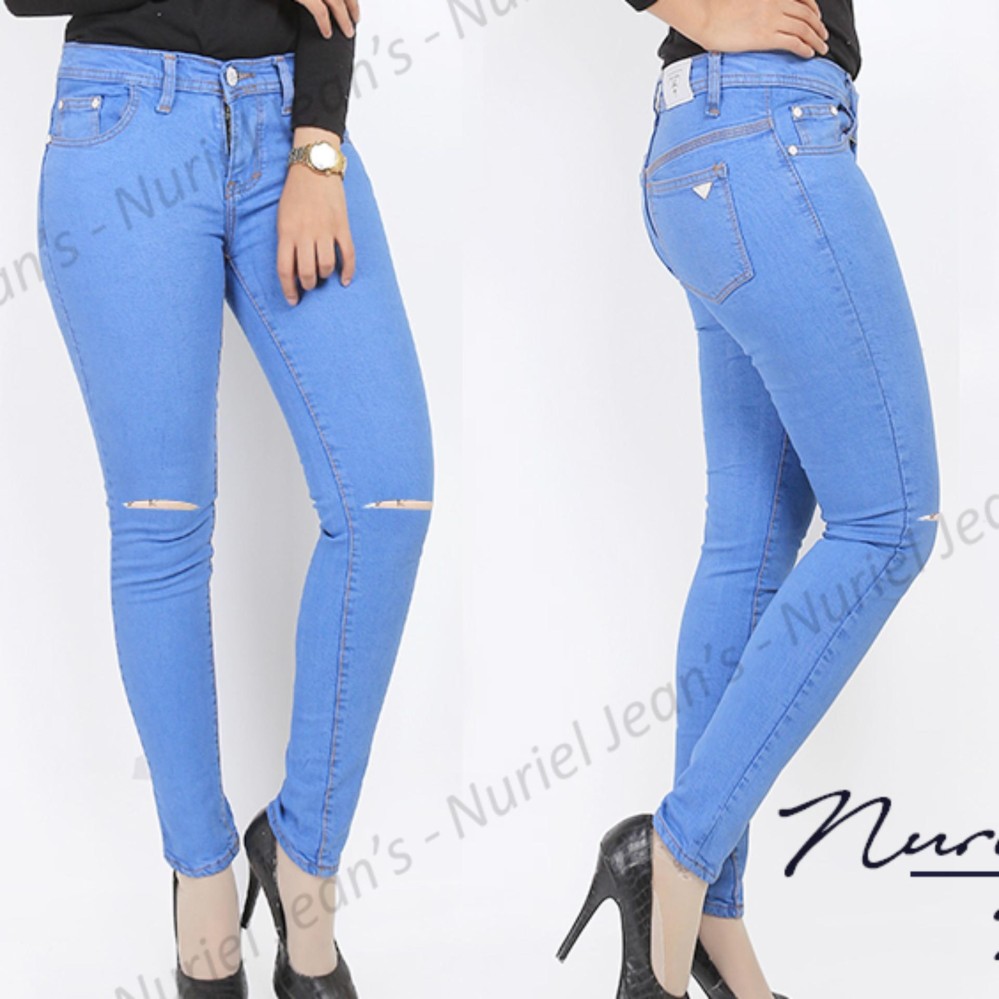 ZFHASION Celana Jeans Wanita Terbaru Sobek Silet 1 Ice Blue 27-30